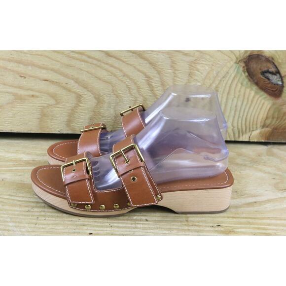 New Jcrew Sandals Womens 10 Brown Cognac Leather Double Buckle Wooden Shoes - Picture 1 of 7